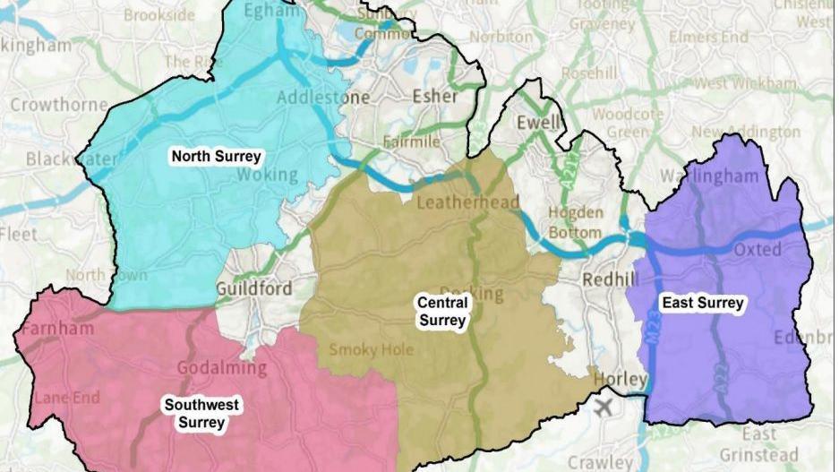 A map of Surrey showing the areas covered by the service