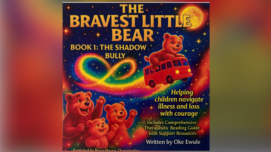 The cover of The Bravest Little Bear book featuring smiling cartoon bears on a rainbow bus - The cover has a family of bears at the bottom left. They are looking up and waving to a small small bear at the top right who is sitting on top of a bus in the air. Above them, there is an infinity sign made out of a rainbow. They are surrounded by stars and there is a bright yellow moon in the top right. 