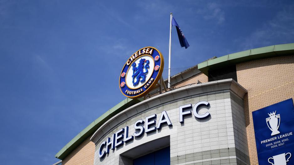 General view of Chelsea badge on outside of Stamford Bridge