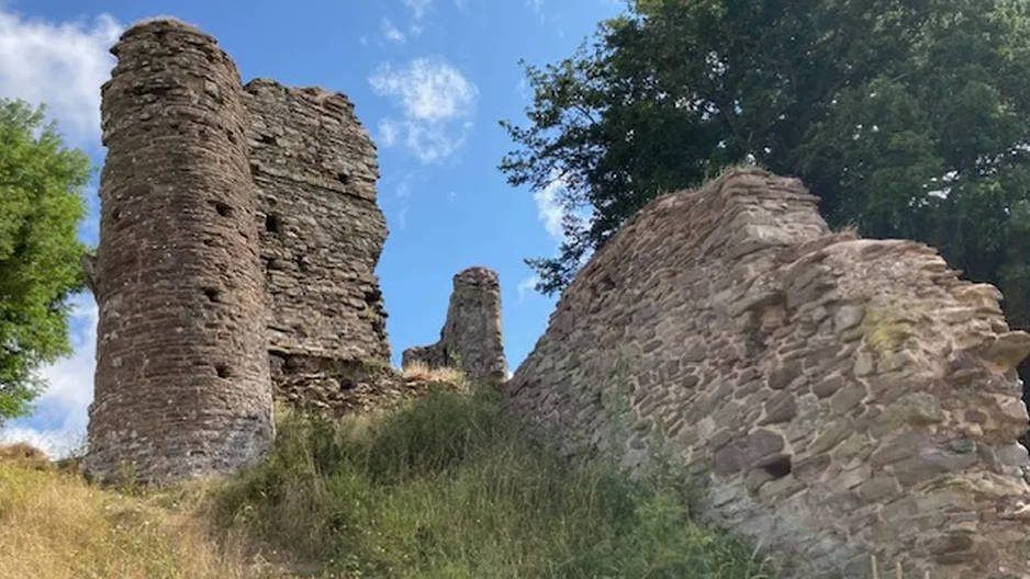 The remains of a castle, a dilapidated set of walls attached to a mostly intact turret are visible. There are trees in the background