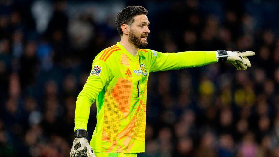 Craig Gordon in action for Scotland against Greece in March