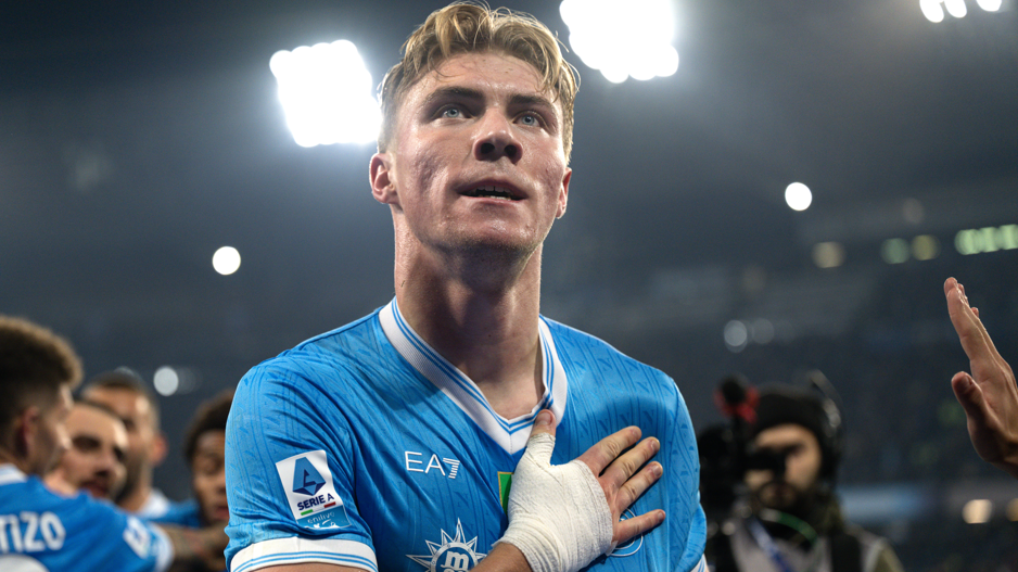 Napoli's Rasmus Hojlund celebrates scoring against Juventus in Serie A