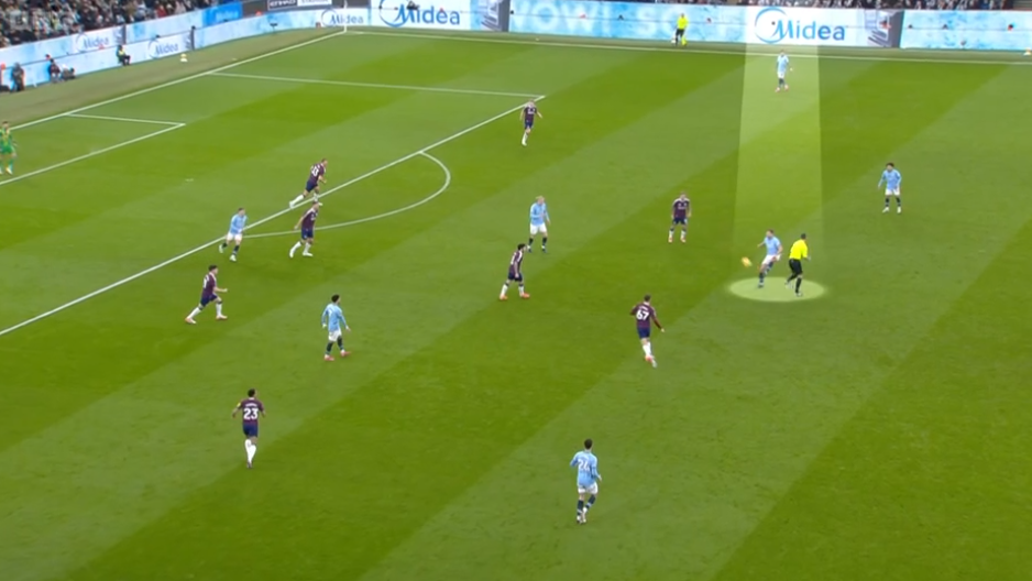 A general view of play between Manchester City and Newcastle during their Premier League game on Saturday showing Nico Gonzalez intercepting a headed clearance