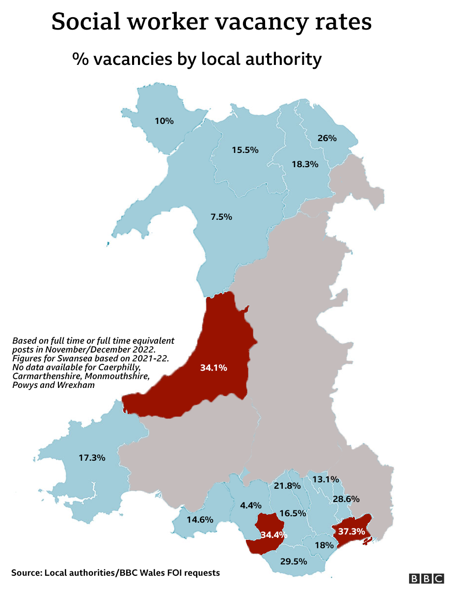 Map of social worker vacancies in Wales