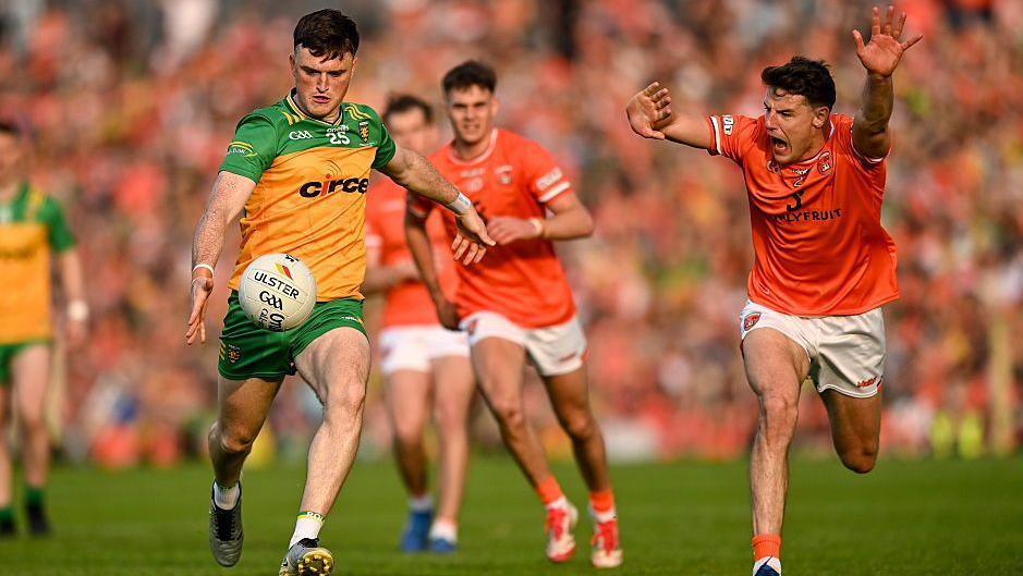 Niall O'Donnell takes a shot against Armagh in the 2025 Ulster final