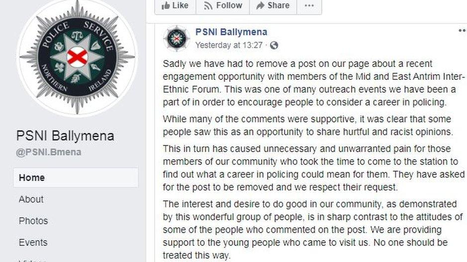 Facebook post from PSNI Ballymena explaining why the original post had to come down