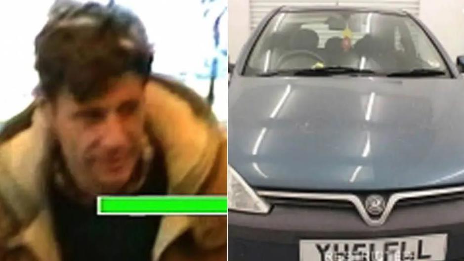 A montage of a CCTV image showing a man with dark hair dressed in a coat and dark jumper, and a grey Vauxhall car, with the number plat YH51 FLL.