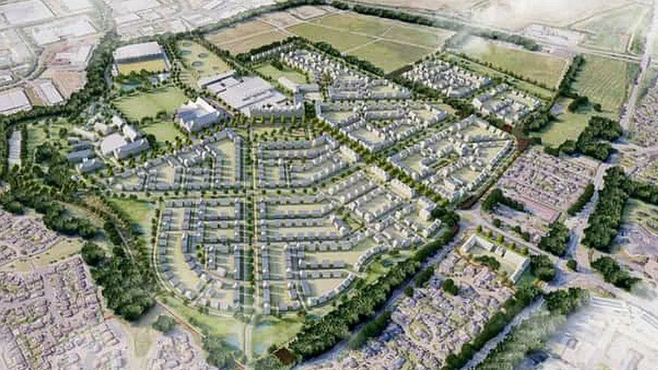 An artist image of the proposal. An aerial view of with rows of houses surrounded by greenery. 