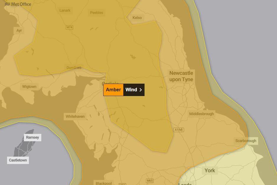 A map with an amber weather warning for wind over the whole of the North East and Cumbria