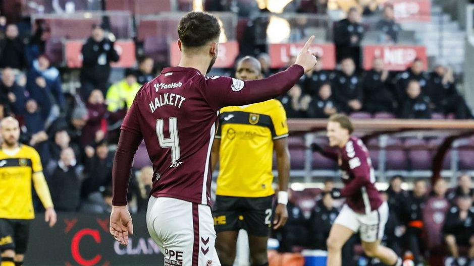 Hearts' Craig Halkett celebrates after scoring to make it 1-0 during a William Hill Premiership match between Heart of Midlothian and Livingston at Tynecastle Park