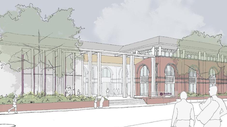 An artist's impression of a building. The exterior of the building has columns at the front. There are several large arched windows on the ground floor. There are sketches of people outside the building.