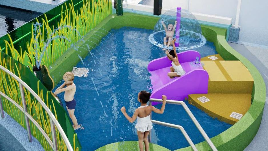 An artist's impression of the new interior design of the children's splash pool at Nuneaton's Pingles leisure centre, four children in swimming costumes are in a swimming pool with blue water and green surround , there is also purple slide and fountain.