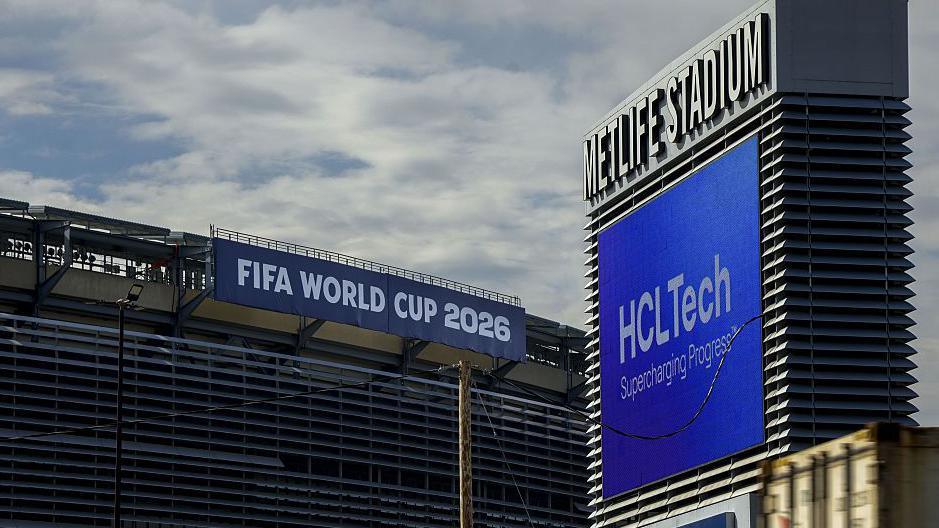 FIFA World Cup 2026 signage at MetLife Stadium, which will host eight Fifa World Cup 2026 games, in East Rutherford, New Jersey, USA