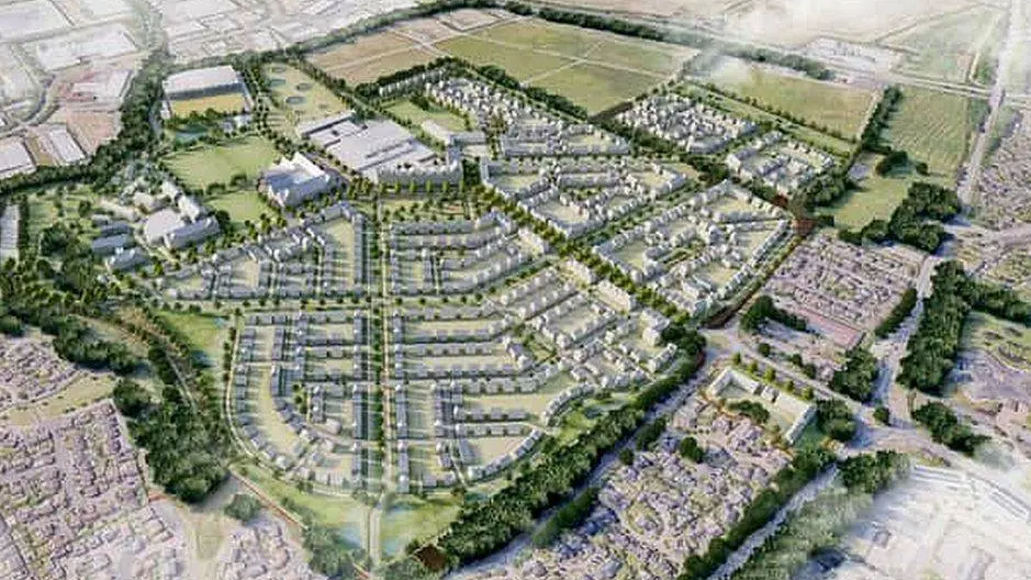 Artist impression of the proposal with rows of houses surrounded by green spaces and existing housing