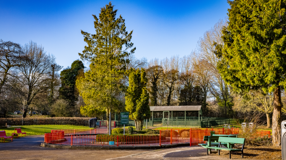 An image of trees and a play area at Markeaton Park in Derby