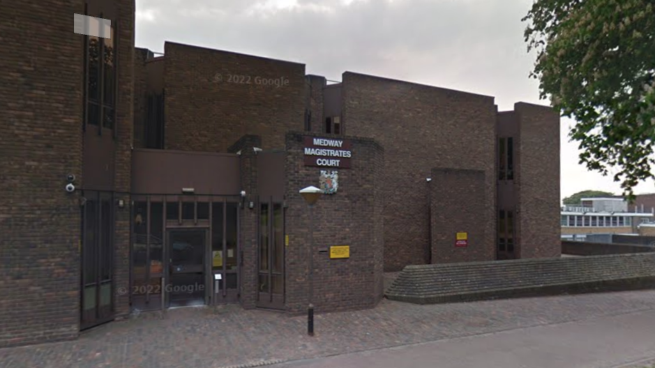 A Google Maps image of a large brown building titled Medway Magistrates' Court under a grey sky. 