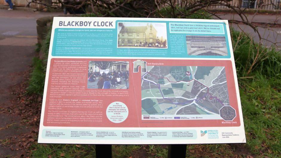 An information board showing a map and landmarks linked to the slave trade and abolition in Stroud. There are paragraphs of information and context, along with pictures and graphics of notable markers, including the anti-slavery arch.