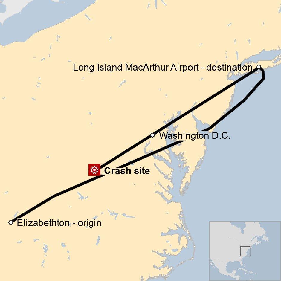 A flight map showing the route of the plane that crashed in Virginia