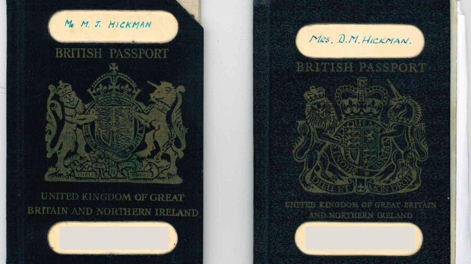 The front covers of Mr and Mrs Hickman's passports which are black in colour and have their names handwritten on them