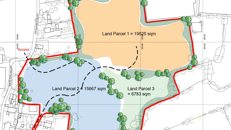 A set of plans with three portions shaded labelled land parcels