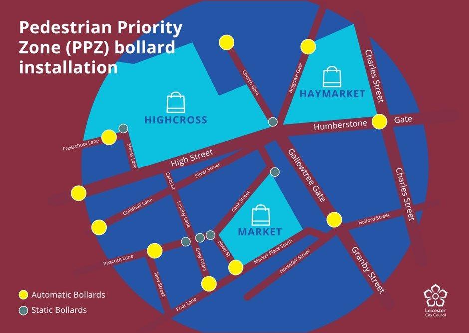 A graphic showing the locations of the rising bollards in Leicester.