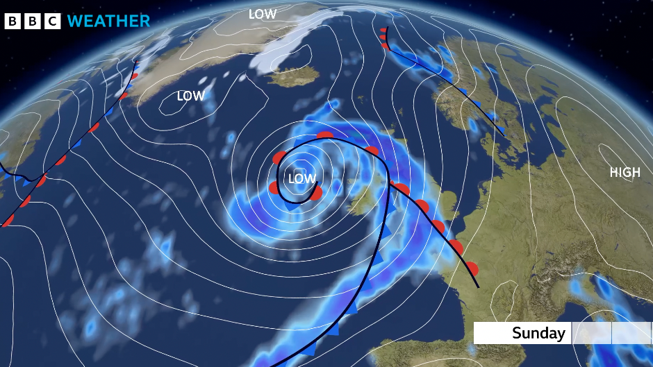 Meteorological chart showing isobars close together around a deep area of low pressure centred over the United Kingdom.