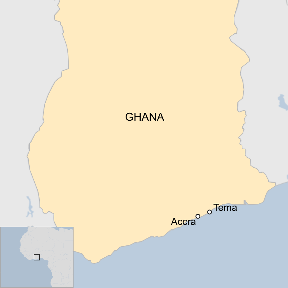 A map of Ghana showing the capital, Accra, and the nearby city of Tema