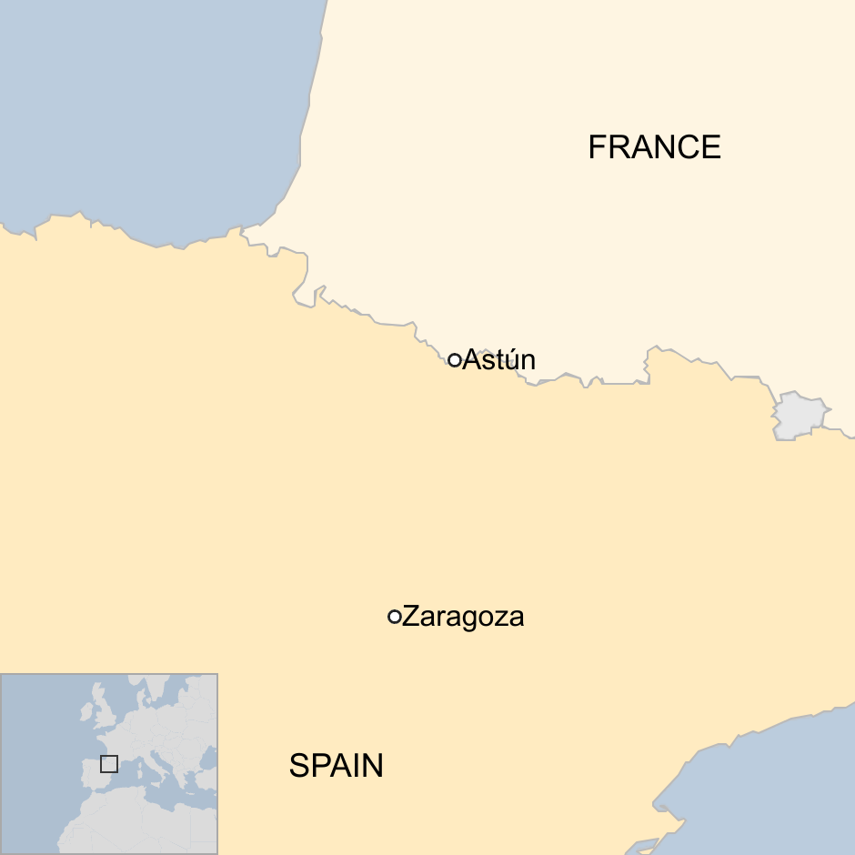 A map showing the Astún ski resort in Spain, as well as nearby city Zaragoza, and France