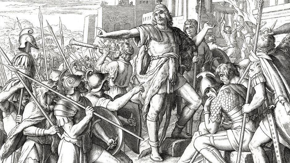 A drawing depicting the Maccabees rising up against the Greeks