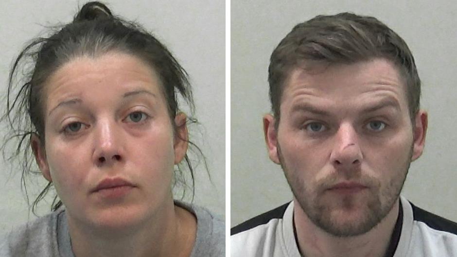 Police mugshots of Hutter and Dale. She has long messy brown hair pulled back into a bun. He has short dark hair, a stubble beard and a cut on his nose.