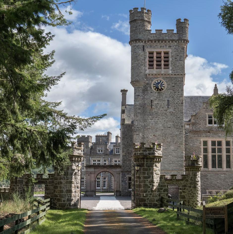 Carbisdale Castle entrance and clock tower