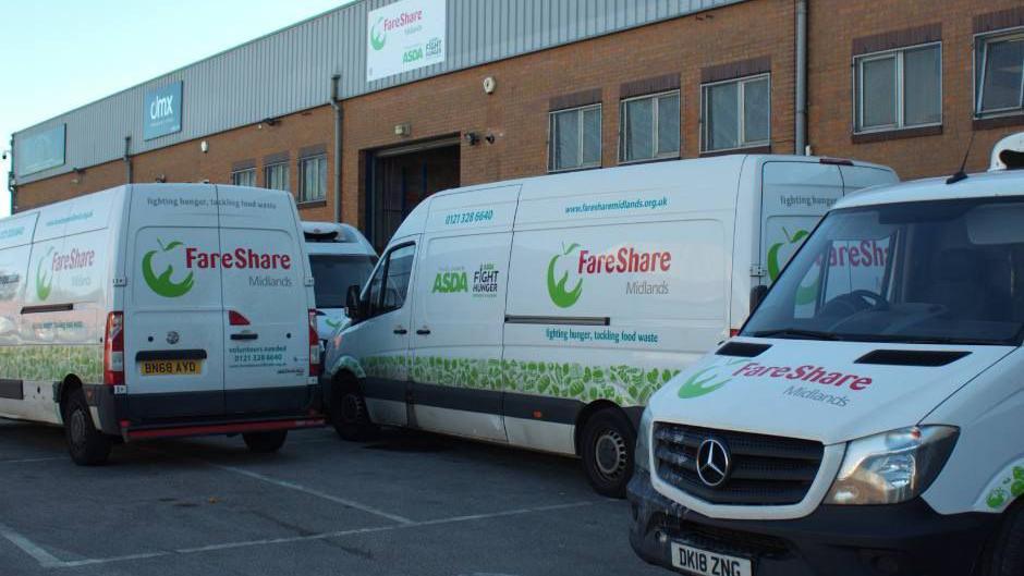 Fareshare Midlands vans parked outside a warehouse