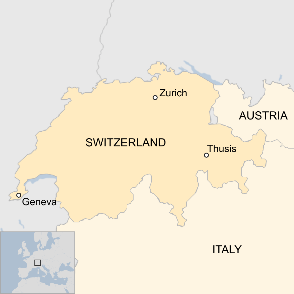 A map of Switzerland showing the locations of Thusis, Zurich and Geneva