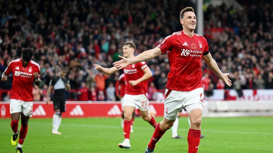 Chris Wood celebrates scoring for Nottingham Forest.