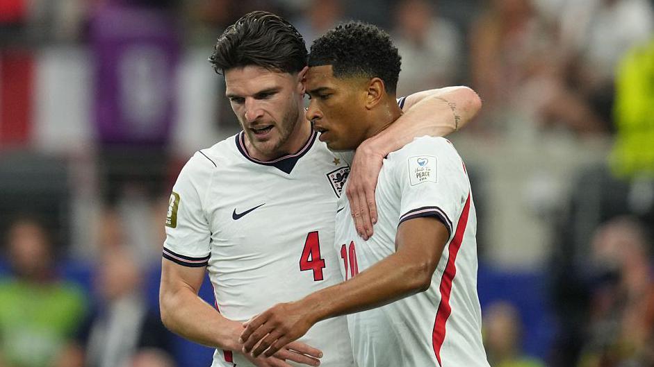 Declan Rice embraces Jude Bellingham during an England game at the 2026 Fifa World Cup