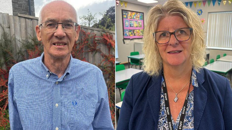 A side by side shot of two people. On the left is a balding man with a blue shirt and glasses on, he looks at the camera. On the right is a woman in a classroom setting. She has blonde hair and glasses, she has a lanyard around her neck which says staff on it. She also wears a dark blue blazer and a patterned shirt. 