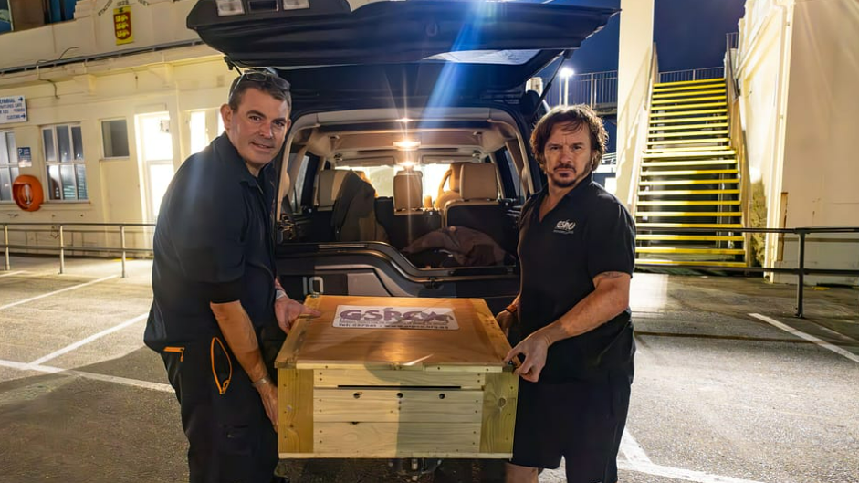 Two men holding a GSPCA wooden box either side. They are putting it into the boot of a vehicle. 