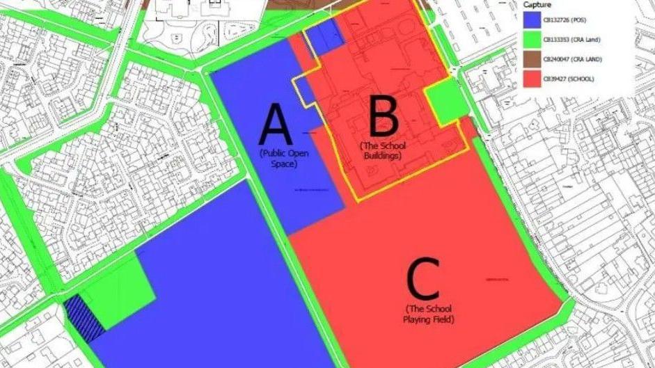 A map of where the Ken Stimpson Academy is, the school playing fields and what is open space. The open space is marked in blue and Area B and Area C is marked in red.