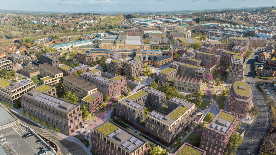 An aerial view of the Shrub Hill development with greenery and high-rise buildings 