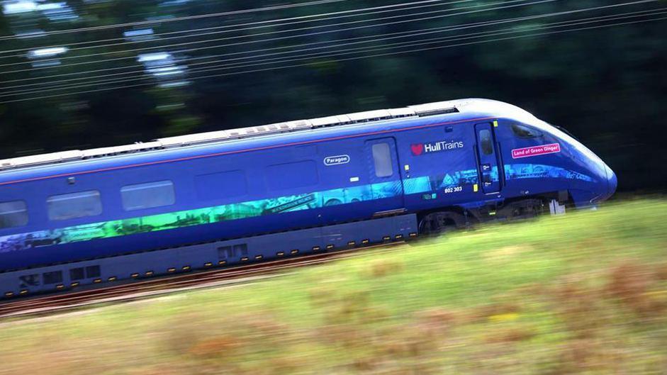 A Hull Trains train in dark blue named Land of Green Ginger with images of the city on a strip down the side speeding along a railway line with the grass in front of it and the overhead wires blurred