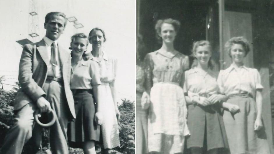 Mary in two black and white photographs as a teenager. On the left, she is in between her mother and father. Her father is wearing a suit, shirt and tie, and her mother is wearing a dress. Mary is in a blouse and A-line skirt. On the right, Mary is centre with her sister on the right. Her friend is on the left. Mary and her sister are wearing white blouses and grey skirts and the friend is wearing a white apron.