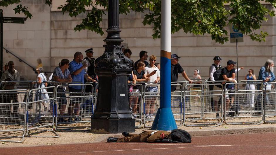 A foot guard faints on the Mall during rehearsals for the Japan state visit