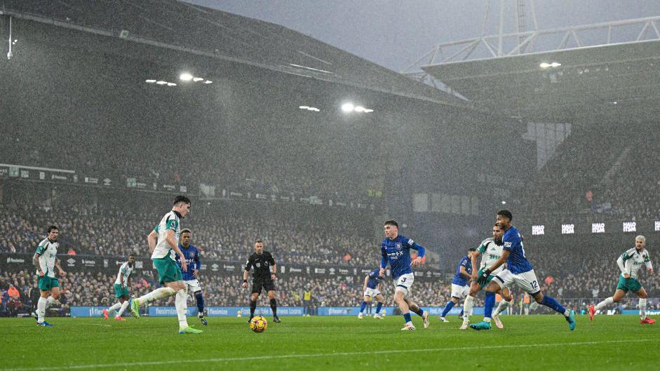 A general view in the rain during the Premier League match between Ipswich Town and Newcastle United at Portman Road