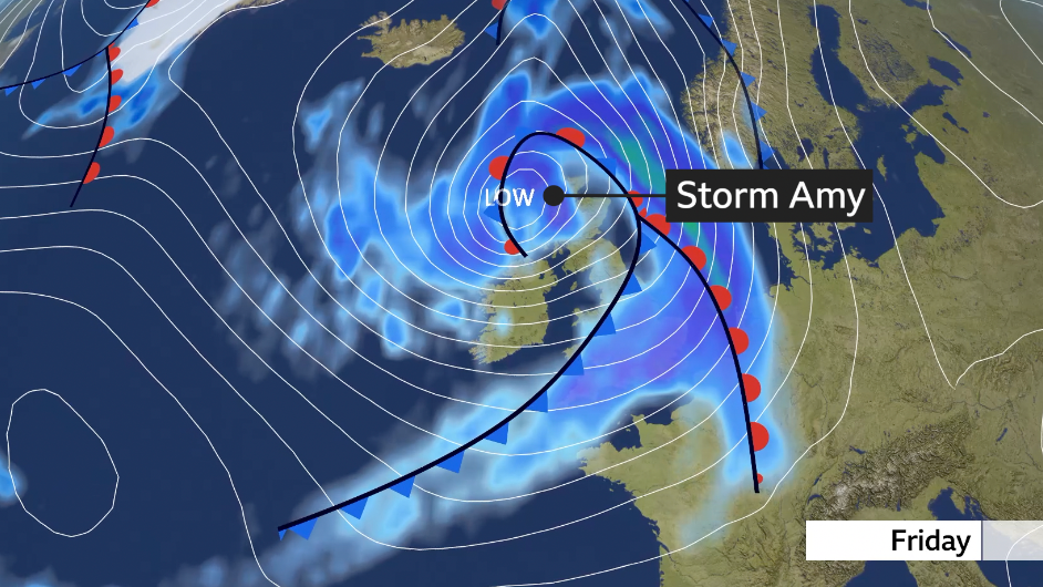 Meteorological pressure chart of the North Atlantic and Europe showing a deep area of low pressure - named Storm Amy - to the west of Scotland on Friday
