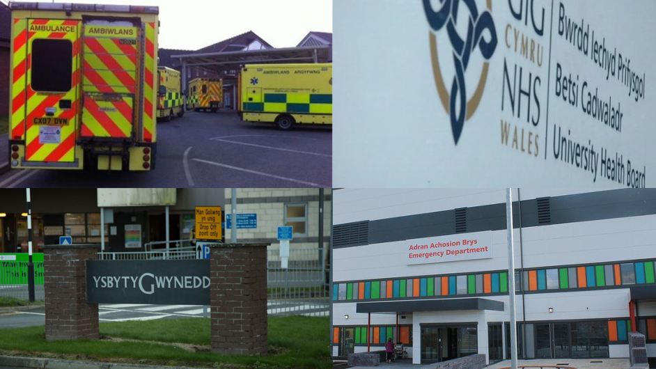 Betsi Cadwaladr sign, ambulances at Wrexham Maelor, Ysbytdy Gwynedd sign and Glan Clwyd Hospital