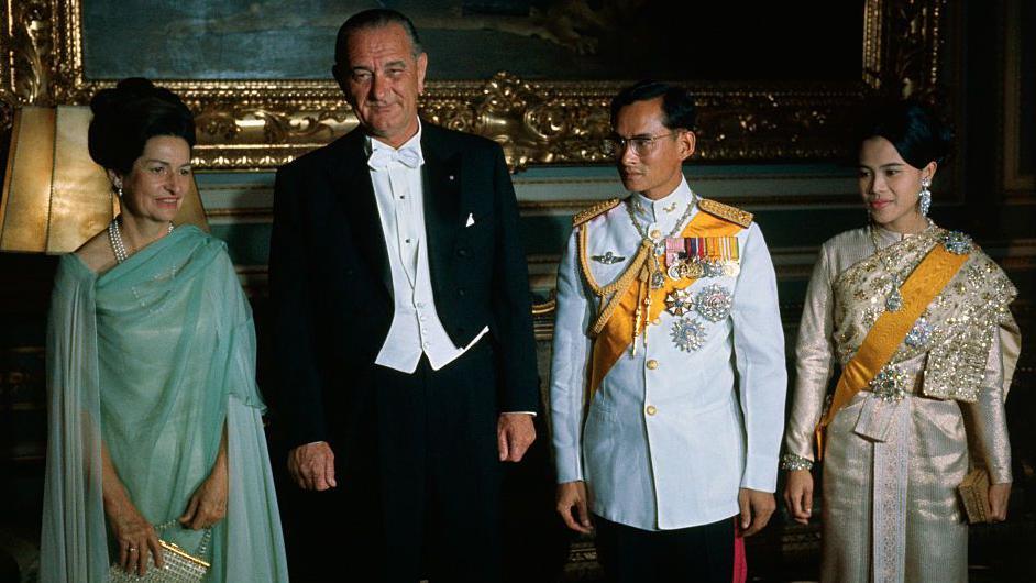 The royal Thai couple stand for an official photo with US president Lyndon B Johnson and his wife.