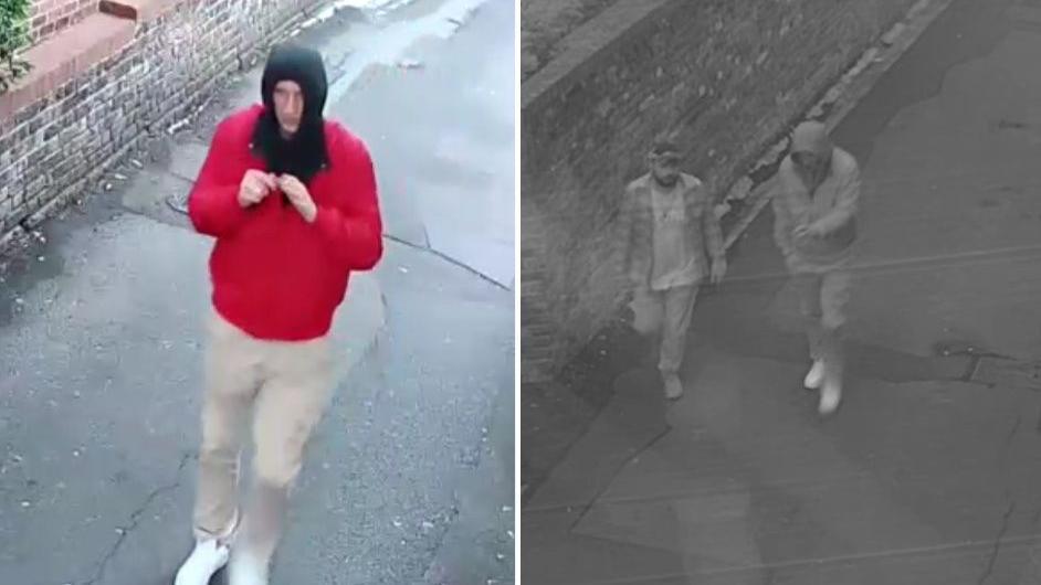 The image is divided in two. On the left, is a CCTV image of a tall man in a red coat, black hood, beige trousers and white trainers. He is white, has his hood up and is walking down a road. On the left is a black-and-white CCTV image of the same man next to another man in light coloured clothing and a puffer jacket. He has facial hair.