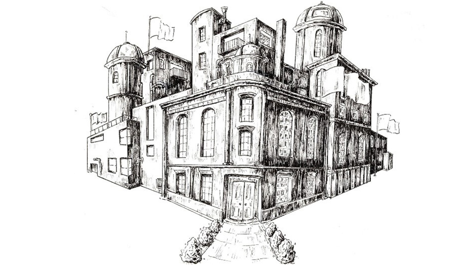 A pencil drawing of of a three story building with minarets and flags.