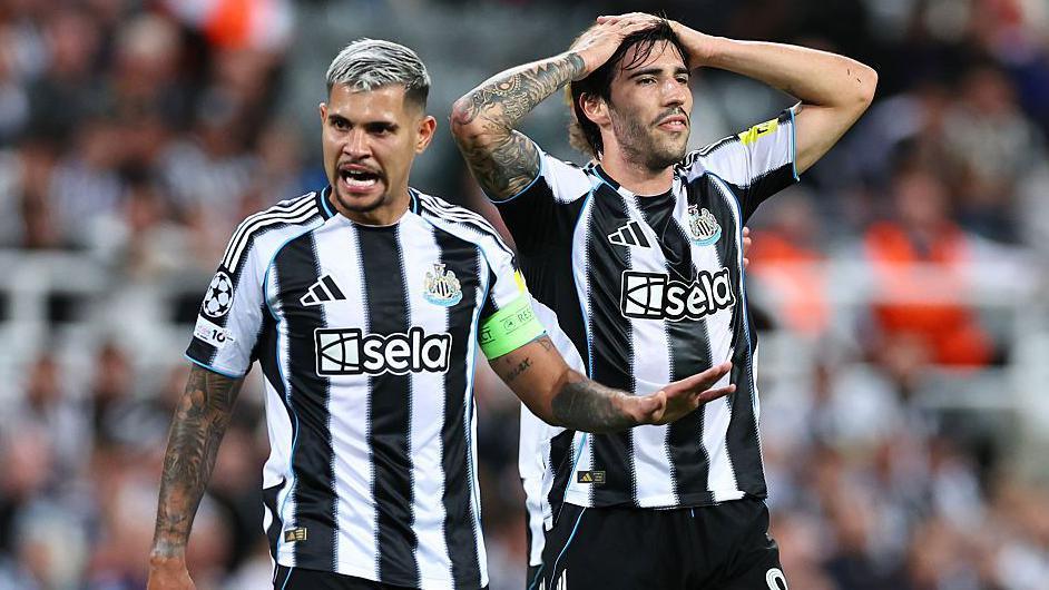 Newcastle's Bruno Guimaraes and Sandro Tonali reacting