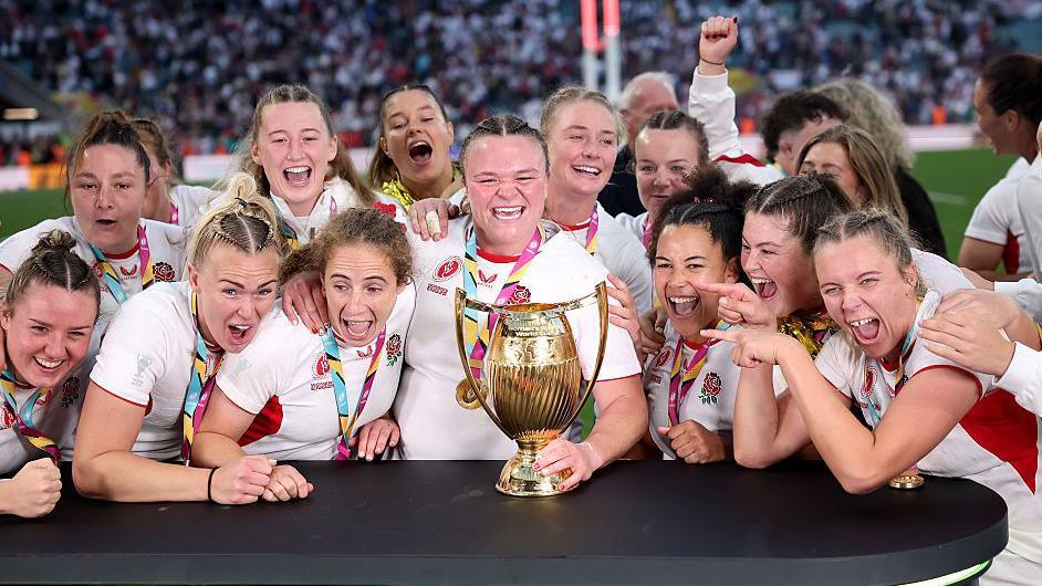 England celebrate winning the women's Rugby World Cup